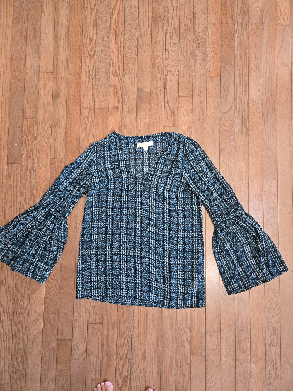 Michael Kors Blue Plaid Bell-Sleeve Blouse